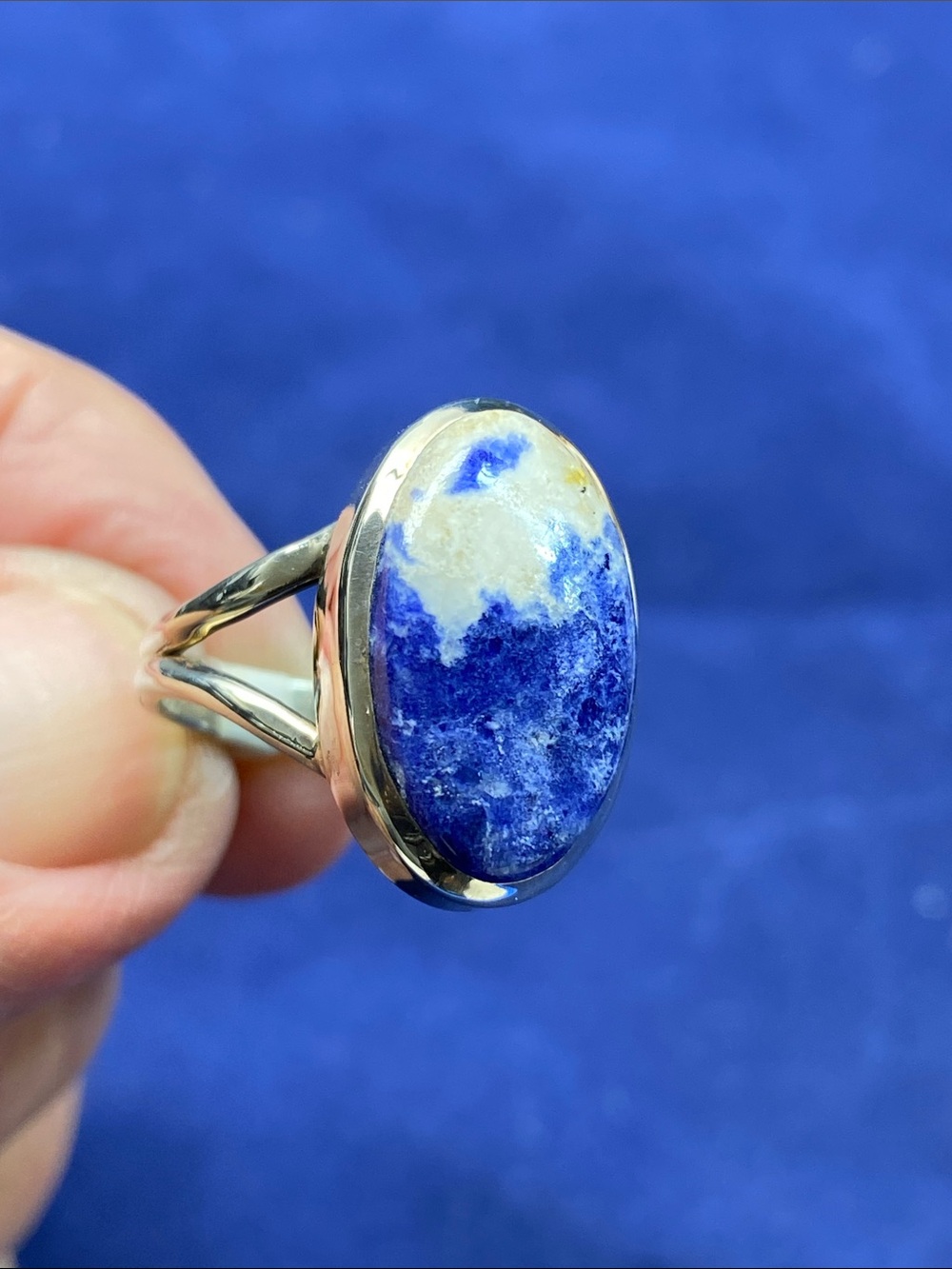 Sterling Silver Sodalite Oval Ring in Blue and White Size 8